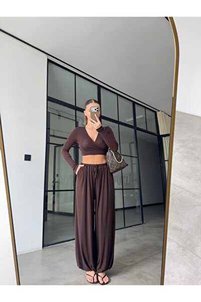 BB Bensu Buyruk SET BLUZĂ TIP CROP CU ȘNURURI ȘI PANTALONI SHALWAR MARO