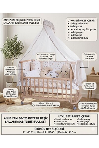ÖYKÜ BEBEK DUNYASI Anne Yanı 60x120 Cm Doğal Ahşap Sallanır Sabitlenir Full U...