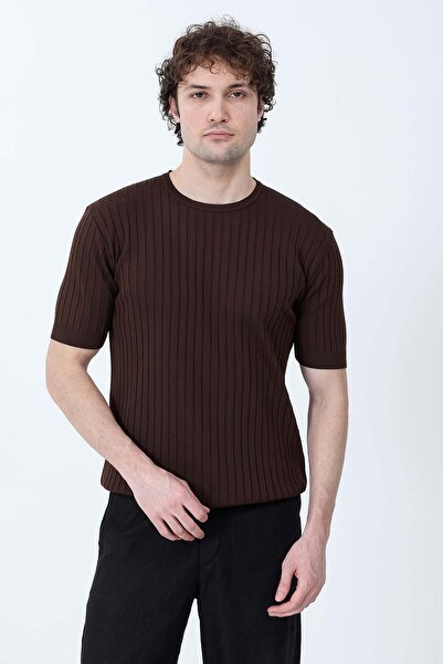 JB John Borners Ανδρικό πλεκτό μπλουζάκι με λαιμόκοψη ποδηλάτου, καφέ - 26Y 681