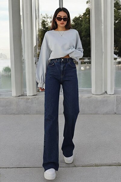 Livik Γυναικείο τζιν ψηλόμεσο σε σκούρο μπλε χρώμα με φαρδιά μπατζάκια από λύκρα