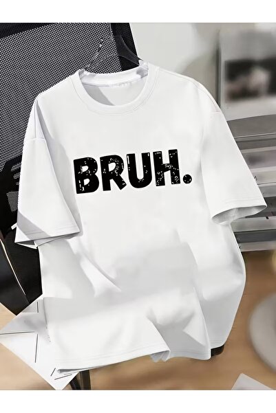 AEMİ Μπλουζάκι Unisex με στάμπα Bruh, Oversize, με λαιμόκοψη ποδηλάτου