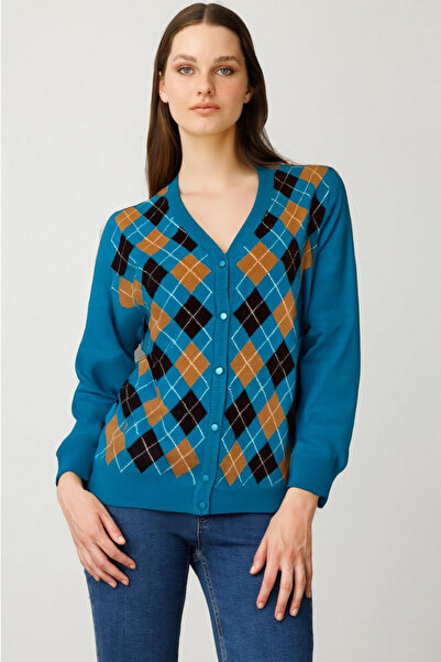 Desen Triko Women's V-Neck Cardigan with Diamond Pattern on the Front A.Petrol
