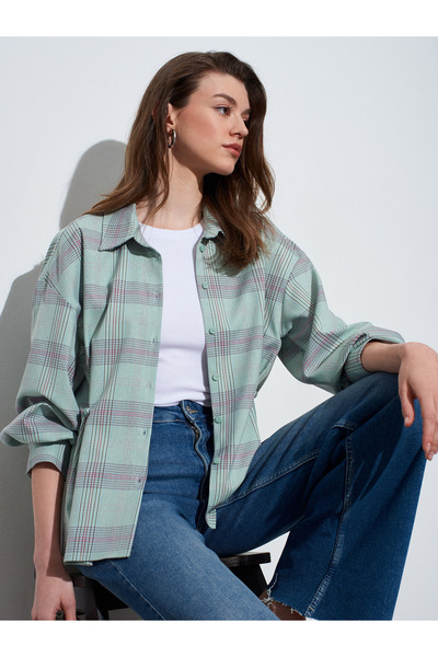 Dilvin 50540 Pleated Oversize Shirt-Green
