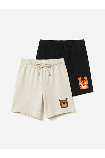 LC Waikiki Black Elastic Waist Printed Boys' Shorts, Pack of 2