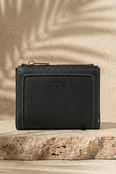 InStyle Μαύρο γυναικείο πορτοφόλι με λεπτομέρεια ραφής