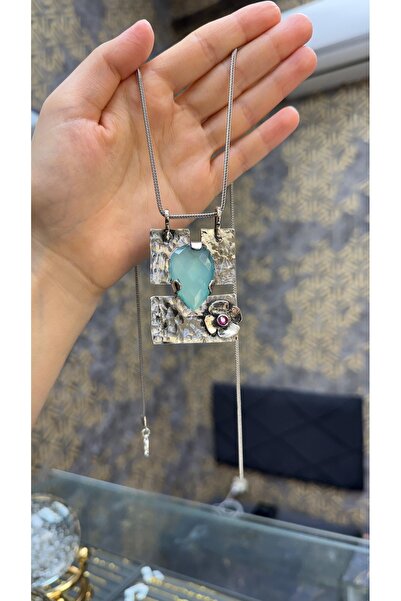 Gümüşhanesi Mavi topaz taşlı otantik gümüş kolye
