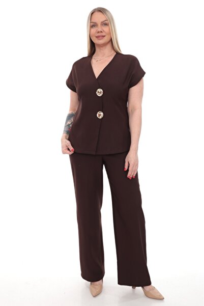 etselements Λεπτομερές κοντομάνικο σετ με κουμπιά και λαιμόκοψη V ETS1037