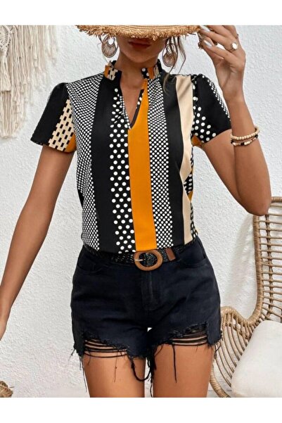 Wear Up Women's Notched and Gathered Collar, Patterned Micro Fabric Blouse