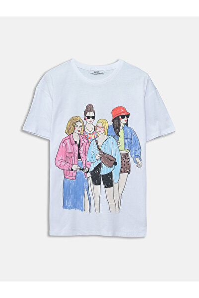 LC Waikiki Tricou cu mânecă scurtă imprimat cu gâtul turnat pentru femei