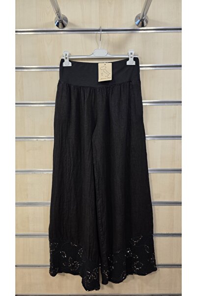 Park Moda Λινό παντελόνι με δαντέλα και λεπτομέρειες από πούλιες