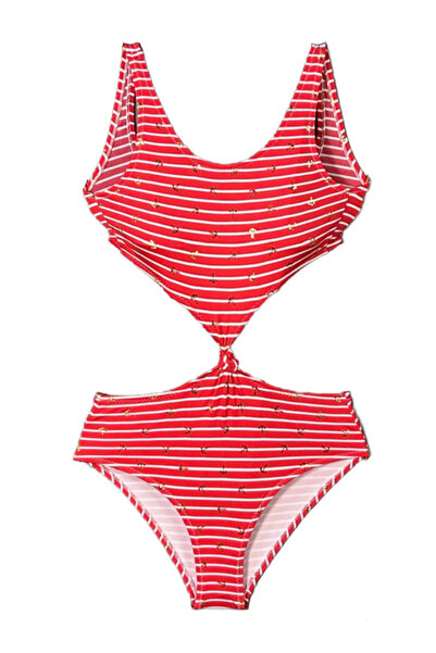 LOOK ME Navy Themed Striped Cut-Out Knot Detailed Girls' Swimsuit