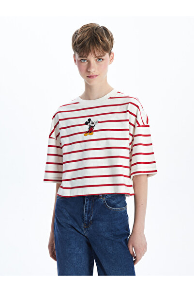 LC Waikiki Crop top de damă cu guler rotund și broderie Mickey Mouse