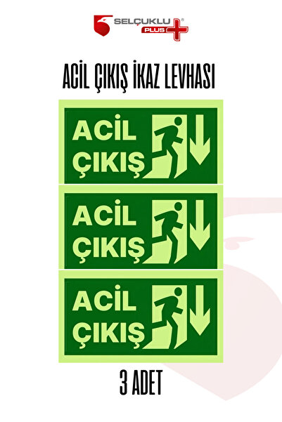 Selçuklu Plus 3'Lü Fotolümenli Acil Çıkış Levhası Kalın Plastik Fosforlu Yeşi...