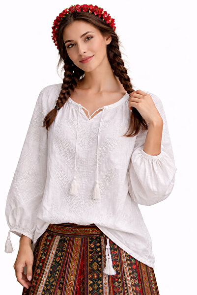 Nobrand Παραδοσιακή Λευκή Μπλούζα, Εκλεκτό Κέντημα Χρώμα-σε-χρώμα, Κομψή Ρουμ...