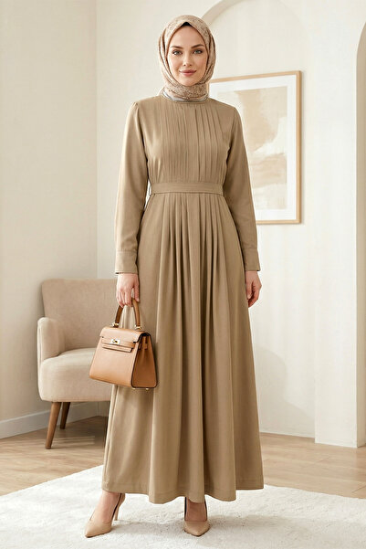 FERHEL Hijab Pleated and Belted Dress - Mink