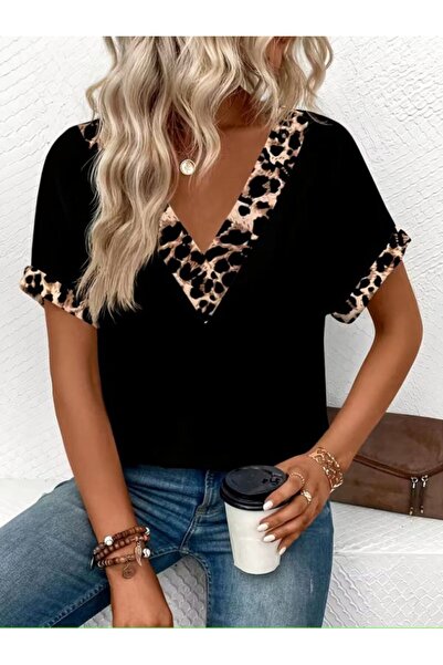 Wear Up Women's Short Sleeve V-Neck Leopard Collar Viscose Blouse