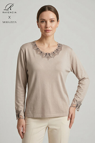 Ravencia Γυναικεία μπλούζα από χτενισμένο βαμβάκι με δαντελωτό γιακά και κέντ...