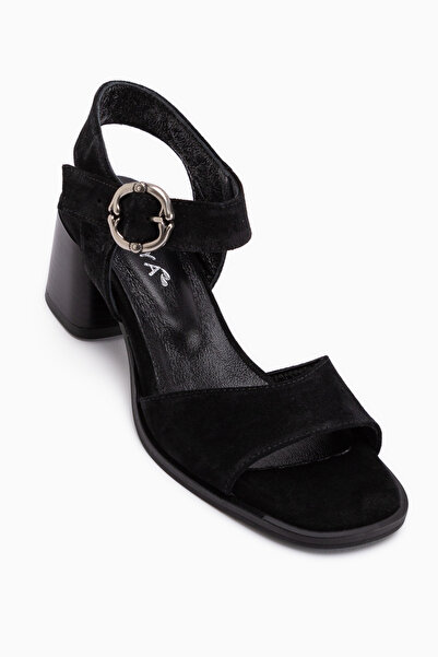 Limoya Γυναικεία σανδάλια Carina από γνήσιο δέρμα, μαύρο σουέτ, με τακούνι