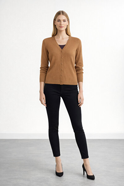 Desen Triko Women's V-Neck Cardigan Wool Tan