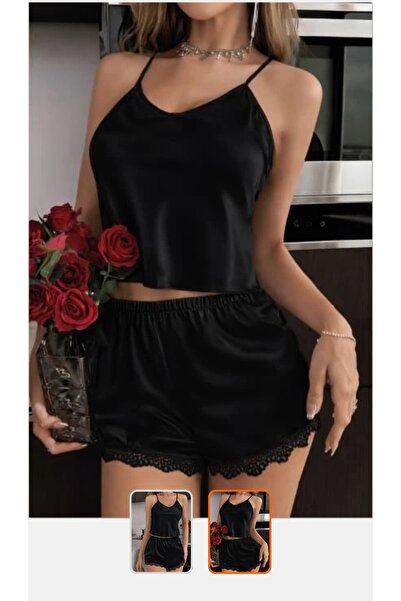 VİSATİN Women's Black Satin Pajama Set with Shorts
