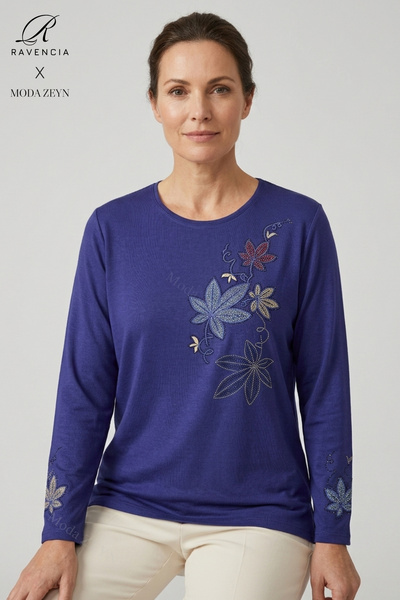 Ravencia Women's Colorful Floral Leaf Patterned Collar and Skirt Stoned Embro...