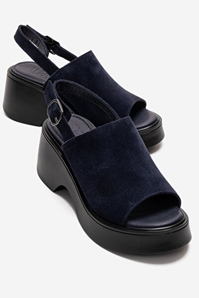 LuviShoes Γυναικεία πέδιλα με τακούνι POWER Navy Blue Suede από γνήσιο δέρμα