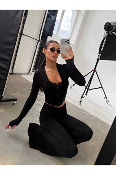 Friday Mood Kadın Agraf Detaylı Pantolon Crop Takım