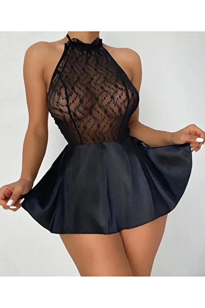 my cherie Σετ νυχτικών με δαντέλα και σατέν φούστα με κορδόνια