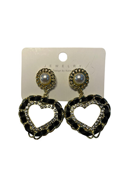 Zalaid Cercei de dama eleganti in forma de inima cu panglica neagra, pietrice...