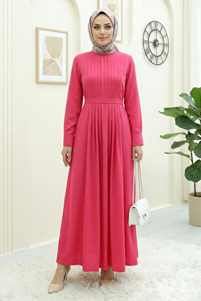 FERHEL Hijab Pleated and Belted Dress - Fuchsia