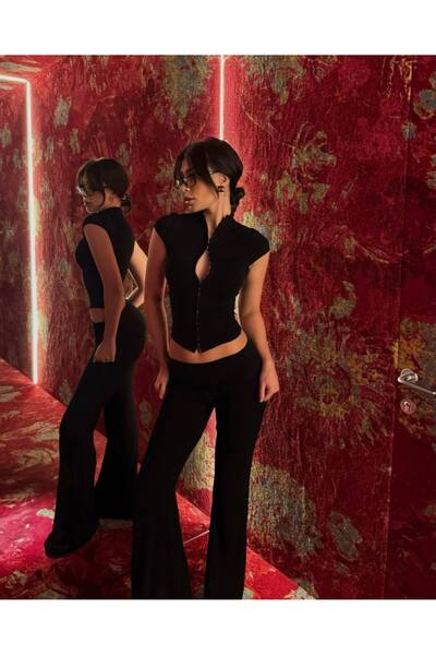 Friday Mood Kadın Agraf Detaylı Pantolon Crop Takım