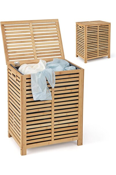 COSTWAY Bamboo Laundry Basket, 80L Laundry Hamper with Removable Liner Bag, L...