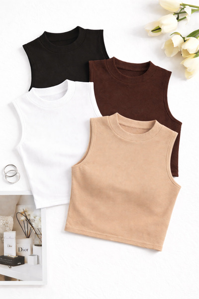 CATSPY Γυναικείο Σετ 4 τεμαχίων Crop Athlete Ριμπ Αμάνικη Βασική Μπλούζα – Κα...