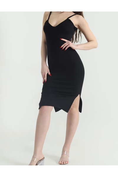 Butik Lena فستان نسائي أسود بياقة على شكل V وحزام من الخيوط