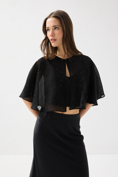 Gusto Stoned Rayon Chiffon Bolero - Black
