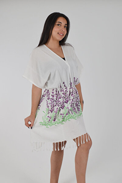 REİNA TEKS Βαμβακερό φόρεμα παραλίας με σχέδιο λεβάντας, με λαιμόκοψη V και ε...