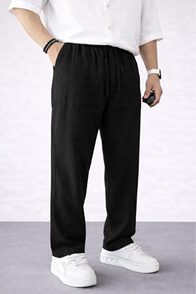 BM BALANCEMODA Ανδρικό άνετο καλοκαιρινό μαύρο φαρδύ παντελόνι Λινό