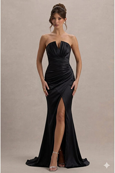 AFR CLOTHES فستان سهرة نسائي طويل من الساتان بفتحة عند الصدر وقصة منخفضة عند ...