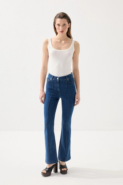 Gusto Ribbed Flare Denim Trousers - Navy Blue
