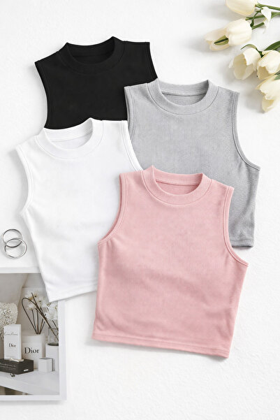 CATSPY Γυναικείο Σετ 4 τεμαχίων Crop Athlete Ριμπ Αμάνικη Βασική Μπλούζα – Κα...