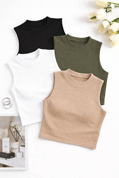 CATSPY Γυναικείο Σετ 4 τεμαχίων Crop Athlete Ριμπ Αμάνικη Βασική Μπλούζα – Κα...