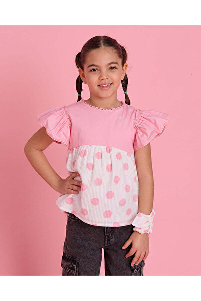 REDTAG Girls White & Pink Polka Dot Frill Sleeve Top