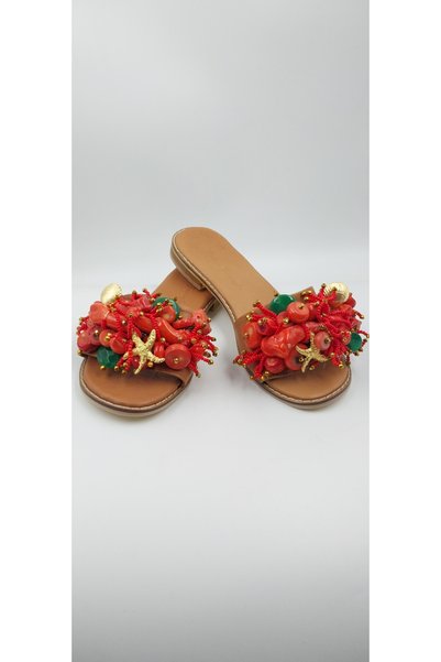 Yaseminli Butik Coral Colored Natural Stone and Bead Embroidered Slippers on Brown Leather