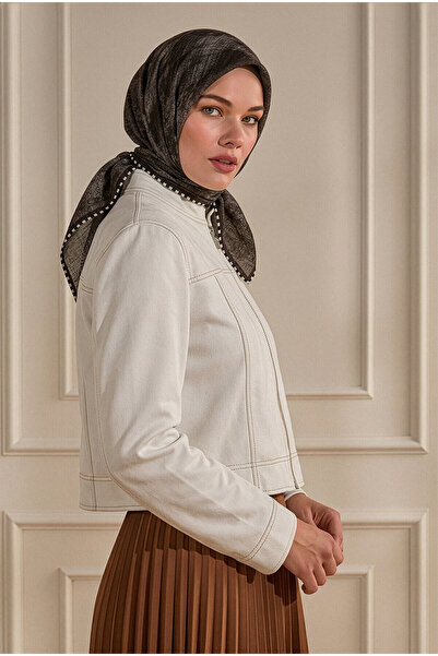 SilkTouch Coffee-Colored Piping Detail Patterned Muslin Scarf