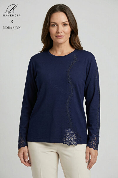 Ravencia Γυναικεία δαντελωτή μπλούζα με σχέδιο ριγέ, κεντημένη με πέτρες, με ...