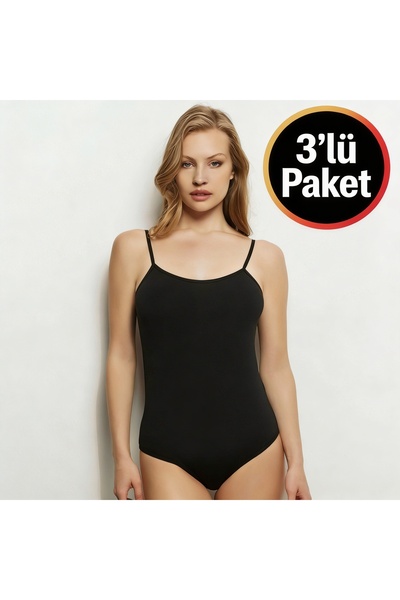 Cansu İç Giyim Women's 3-Pack Cotton Thin Strap Snap-On Bodysuit Set - Black ...
