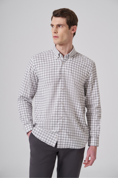 Morven Men's Gray Cotton Trendy Checkered Regular Fit Button-Down Collar Shirt