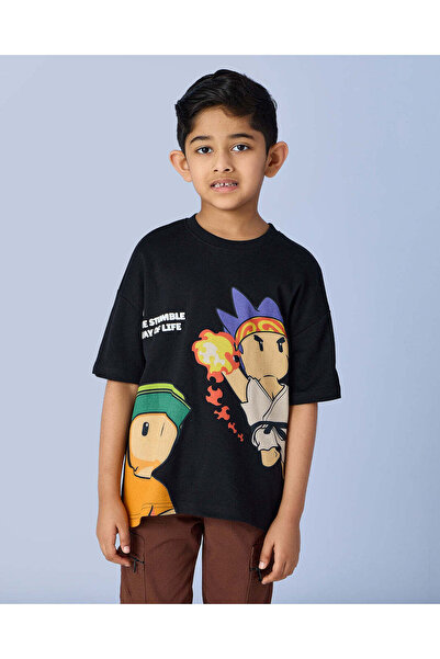 REDTAG Boys Black Stumble Guys Over Sized T-Shirt