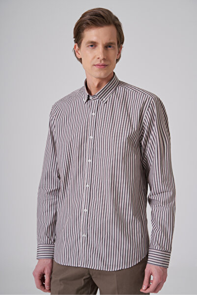 Morven Cămașă pentru bărbați, din bumbac, maro, cu dungi, croială dinamică, c...