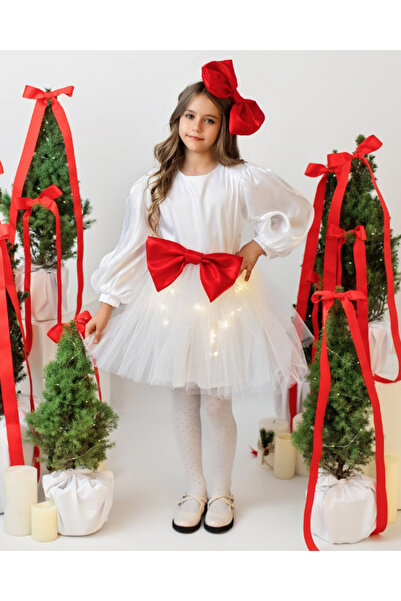 fustite cu luminite Όμορφο Λευκό Φόρεμα με Λάμψεις + Κόκκινη Κορδέλα Κεφαλής ...